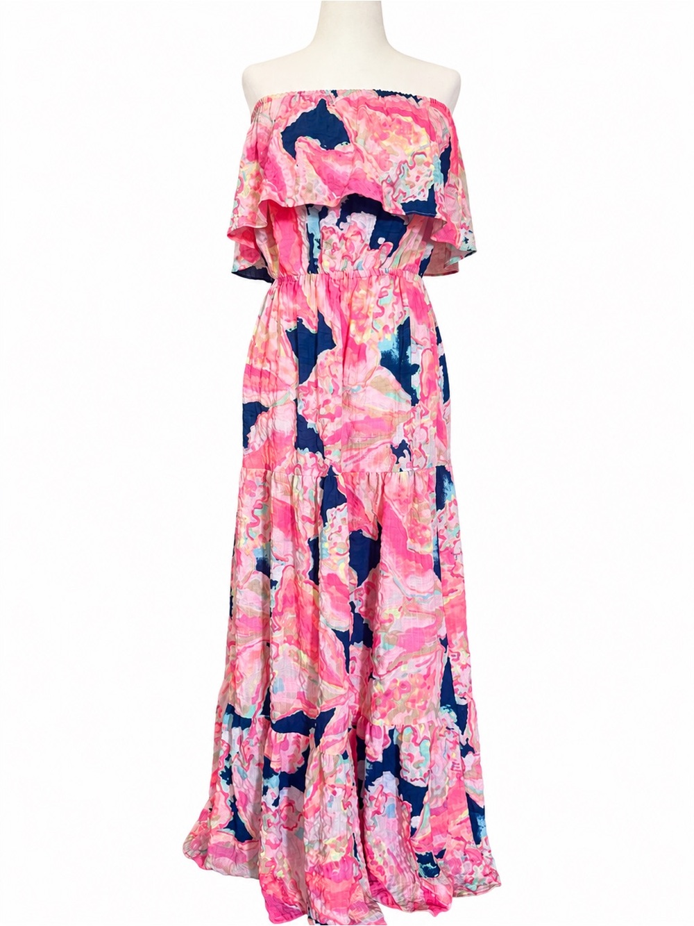 Lilly Pulitzer Pink & Navy Off-Shoulder Printed Maxi Dress